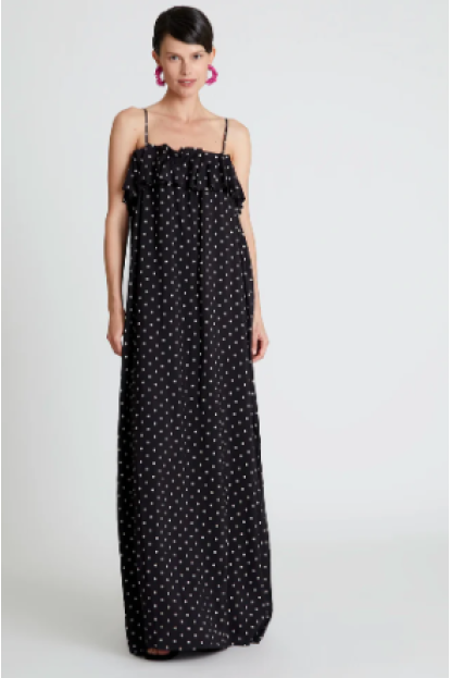 Vestido largo estampado de lunares negro
