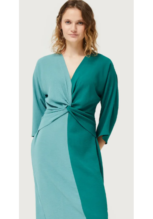 Vestido largo drapeado verde y azul